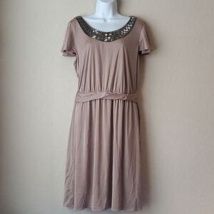 Tahari Arthur S Levine Dress Size 14 Taupe Beige Sequin Neckline Flutter Sleeve